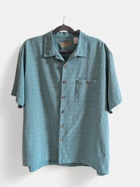 Caribbean Pineapple Silk Blend Teal Camp Shirt XL Textured Tropical Guayabera